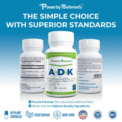 Power By Naturals ADK Vitamin Supplement 60 Capsules - High Potency A D3 K2 5000 IU
