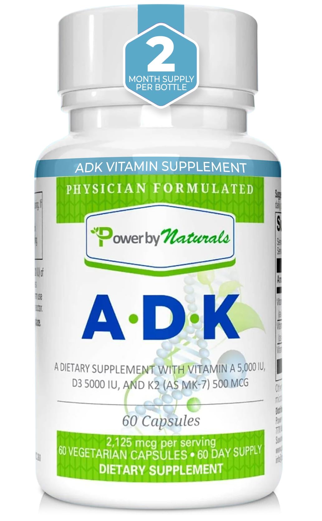 Power By Naturals ADK Vitamin Supplement 60 Capsules - High Potency A D3 K2 5000 IU
