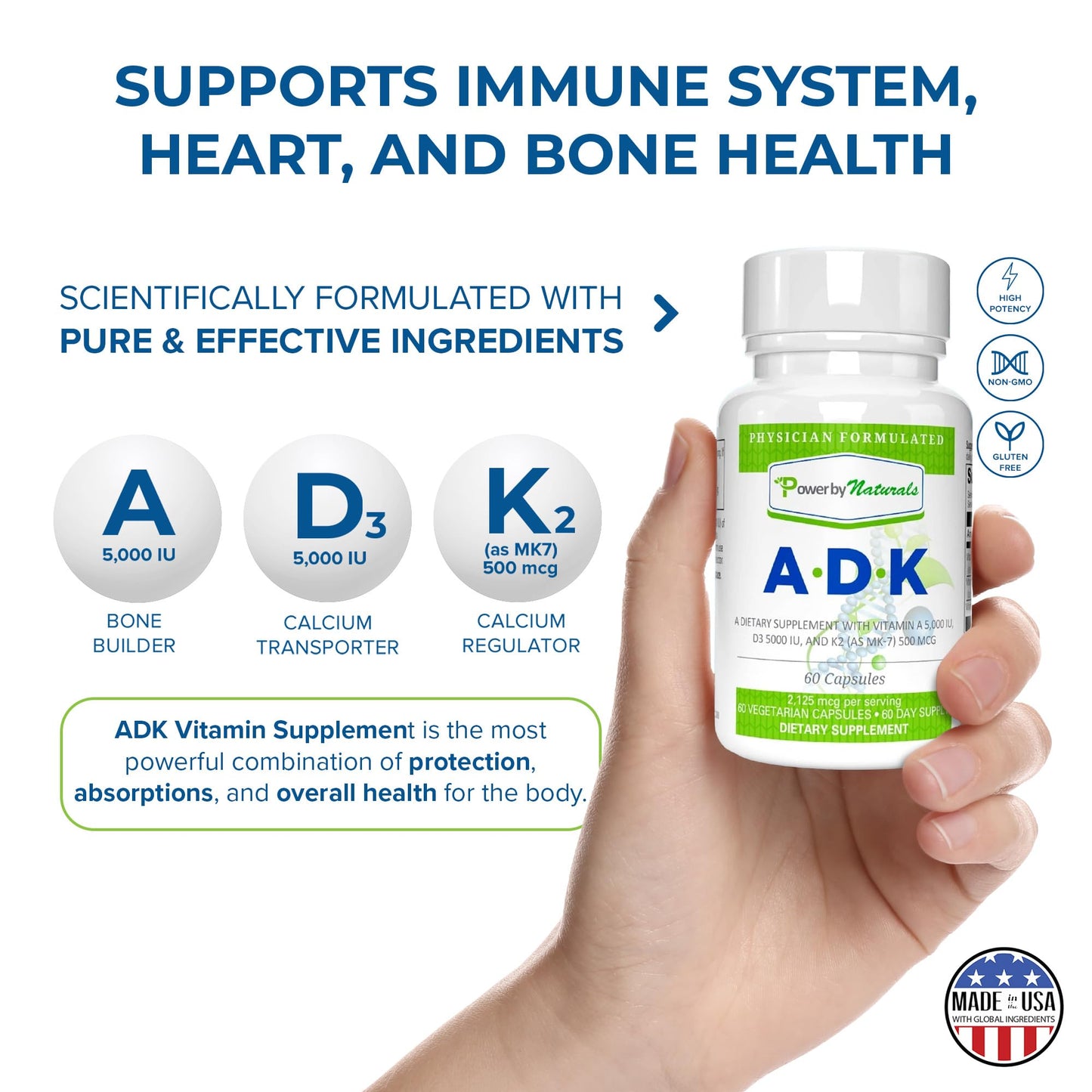 Power By Naturals ADK Vitamin Supplement 60 Capsules - High Potency A D3 K2 5000 IU