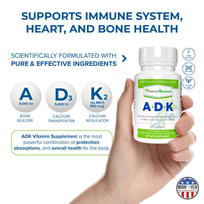 Power By Naturals ADK Vitamin Supplement 60 Capsules - High Potency A D3 K2 5000 IU