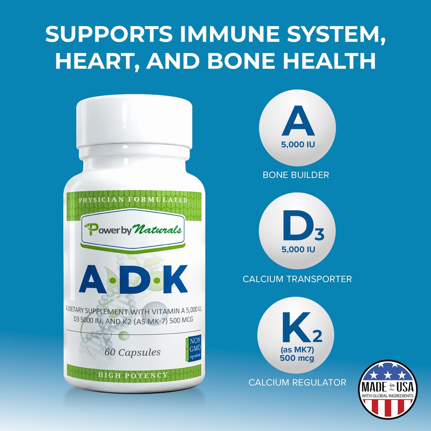 Power By Naturals ADK Vitamin Supplement 60 Capsules - High Potency A D3 K2 5000 IU