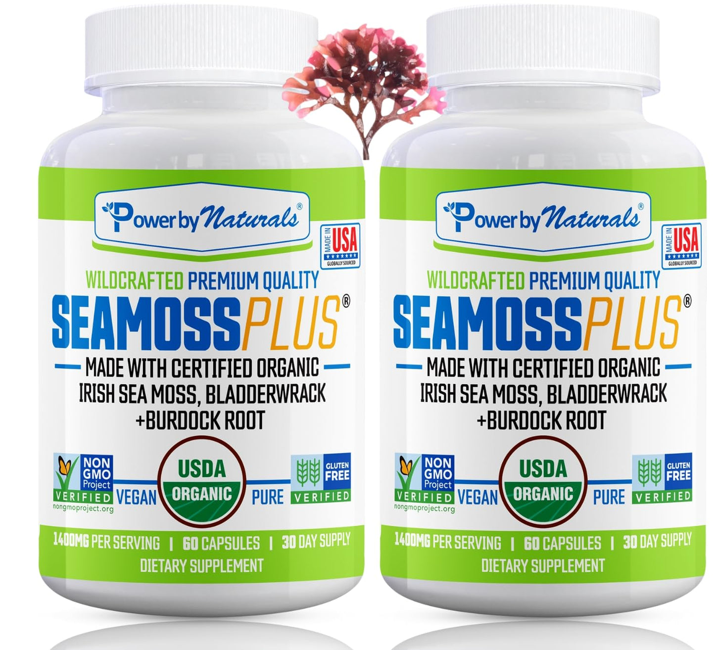 Power By Naturals Sea Moss Plus – Organic Irish Sea Moss with Bladderwrack & Burdock Root, 60 Capsules, 2 Pack