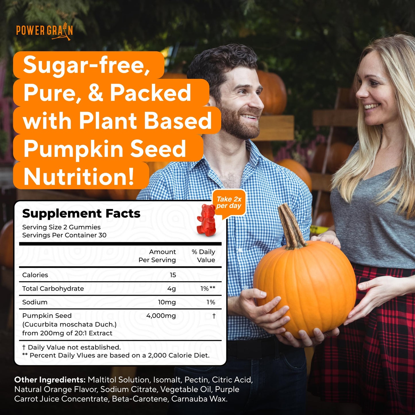 Power Grain Sugar-Free Pumpkin Seed Oil Gummies 4000mg – Hair Growth, Skin, Prostate & Bladder Support | Vegan, Non-GMO, Orange Flavor | 60 Gummies