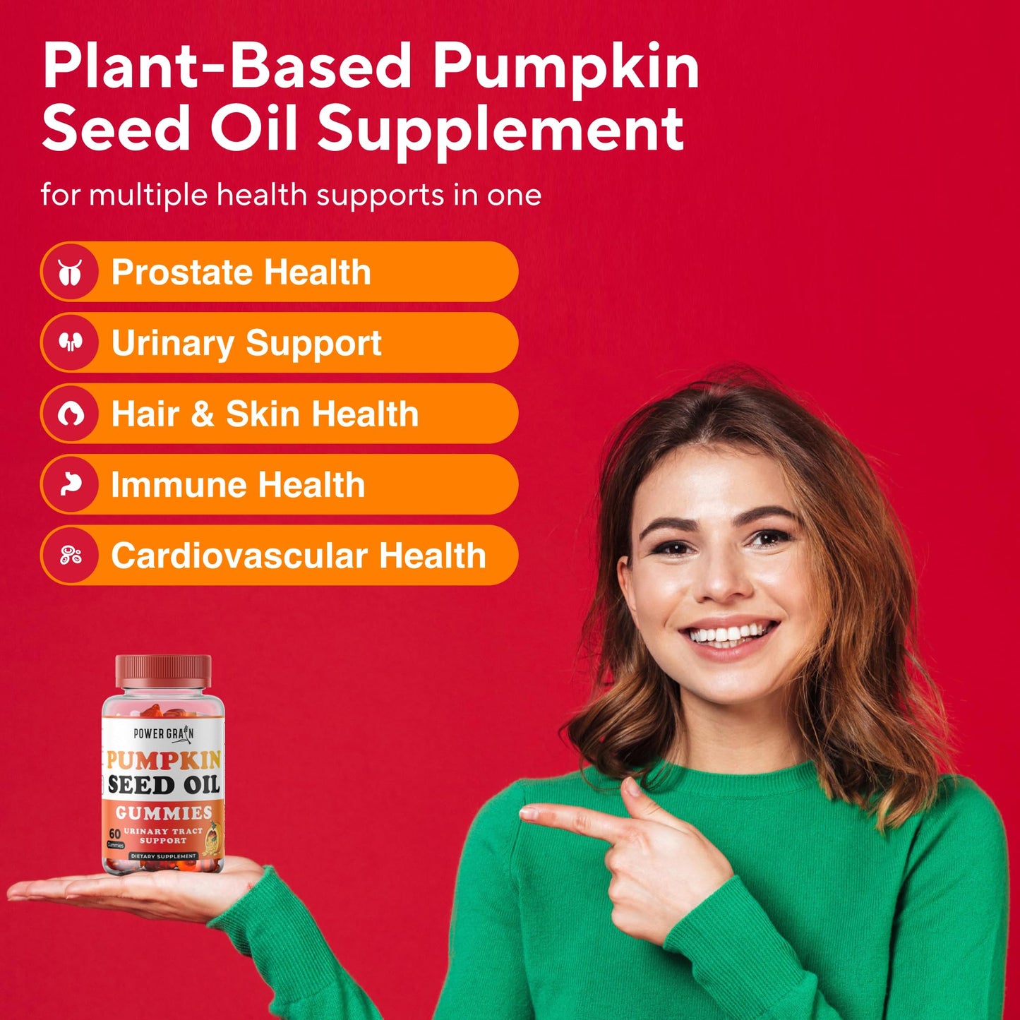 Power Grain Sugar-Free Pumpkin Seed Oil Gummies 4000mg – Hair Growth, Skin, Prostate & Bladder Support | Vegan, Non-GMO, Orange Flavor | 60 Gummies