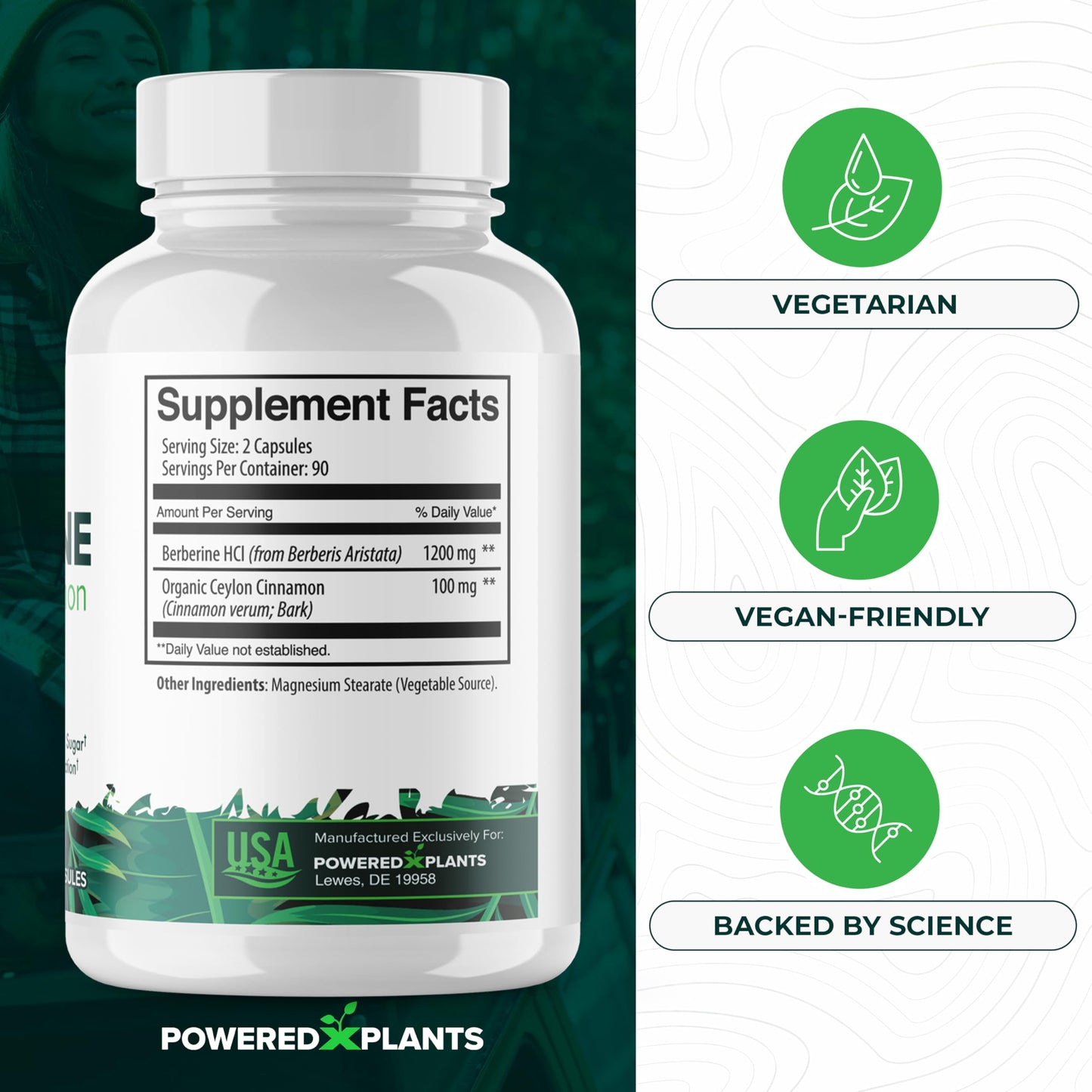 POWERED X PLANTS Berberine 1300mg with Ceylon Cinnamon – Metabolism & Immune Support (2 Pack, 120 Servings)