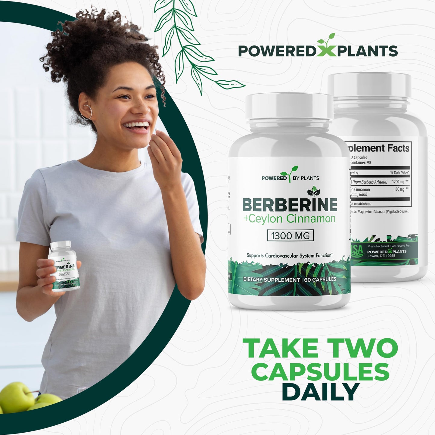 POWERED X PLANTS Berberine 1300mg with Ceylon Cinnamon – Metabolism & Immune Support (2 Pack, 120 Servings)