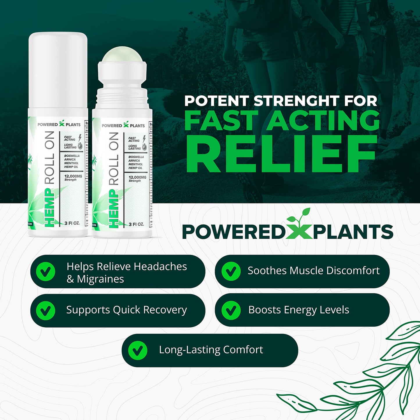 Powered X Plants Hemp Oil Roll On – Menthol, Boswellia & Arnica | 12,000mg Extra Strength
