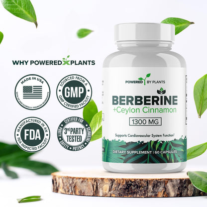 POWERED X PLANTS Berberine 1300mg with Ceylon Cinnamon – Metabolism & Immune Support (2 Pack, 120 Servings)