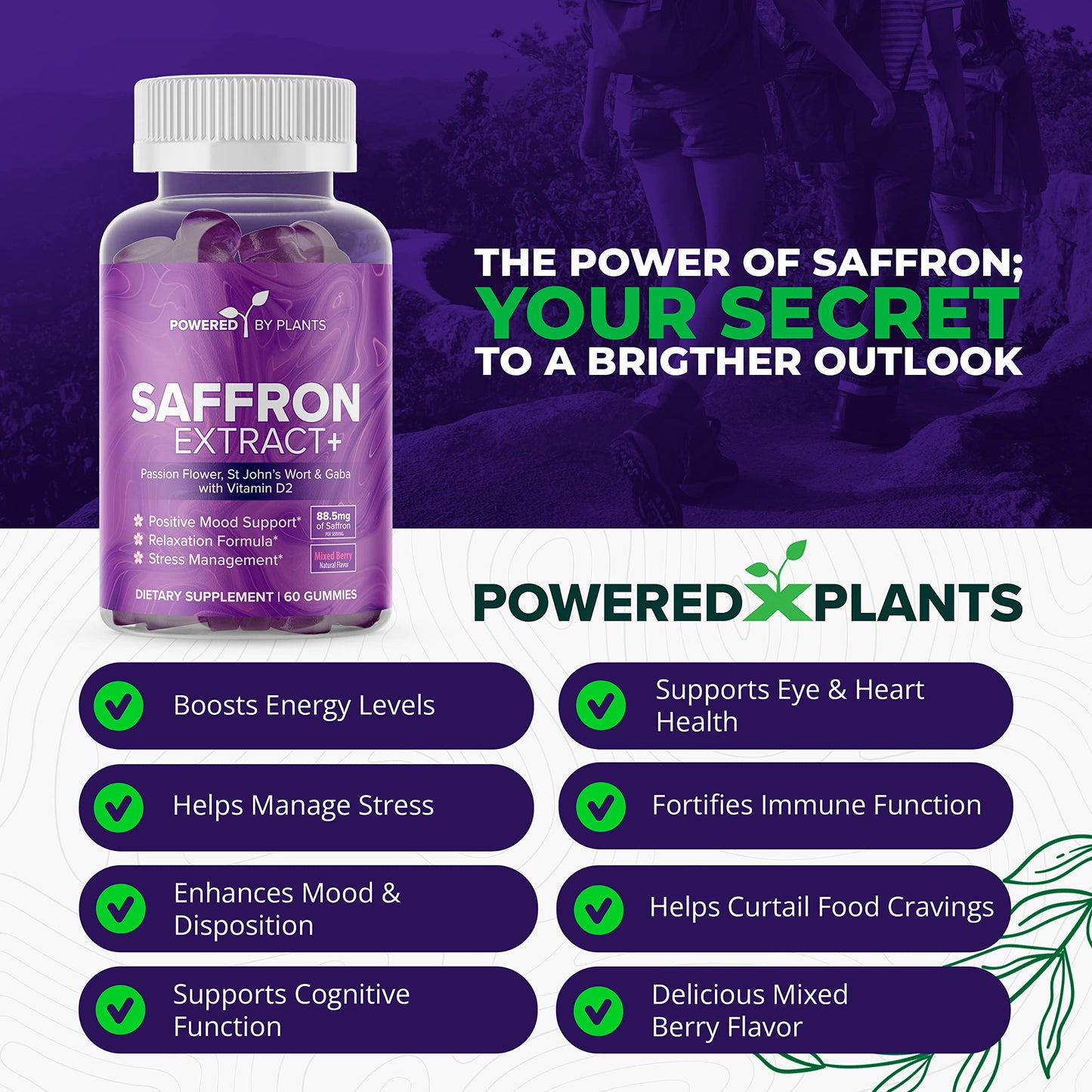 POWERED X PLANTS Saffron Gummies with Passionflower & Vitamin D2 | Mood Support, Energy & Digestion – 60 Servings