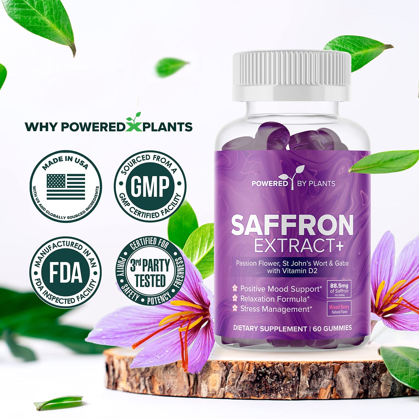 POWERED X PLANTS Saffron Gummies with Passionflower & Vitamin D2 | Mood Support, Energy & Digestion – 60 Servings