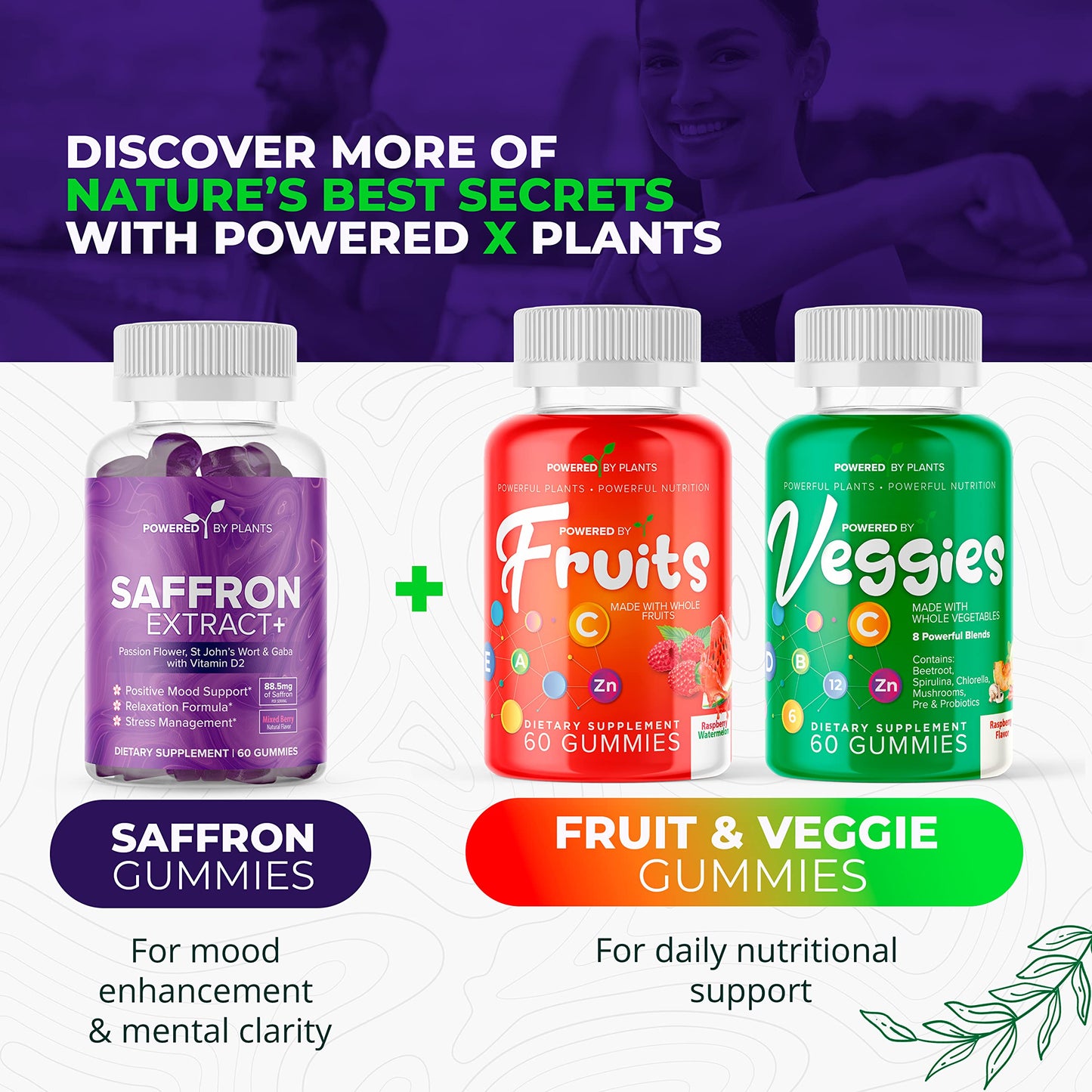 POWERED X PLANTS Saffron Gummies with Passionflower & Vitamin D2 | Mood Support, Energy & Digestion – 60 Servings
