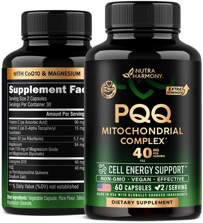 PQQ 40 mg with CoQ10 – Mitochondrial Biogenesis & Energy | 60 Capsules | USA Made