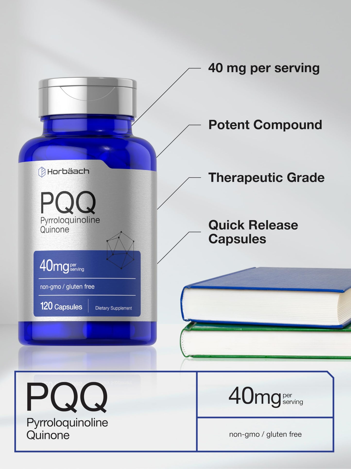 Horbäach PQQ Supplement 40 mg – 120 Capsules | Non-GMO & Gluten Free | Pyrroloquinoline Quinone Disodium Salt