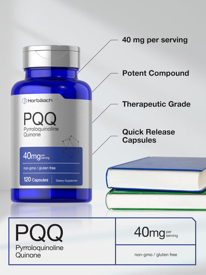 Horbäach PQQ Supplement 40 mg – 120 Capsules | Non-GMO & Gluten Free | Pyrroloquinoline Quinone Disodium Salt
