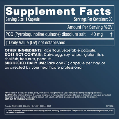 Pure PQQ 40 mg – Extra Strength Pyrroloquinoline Quinone, 30 Capsules | Third-Party Tested