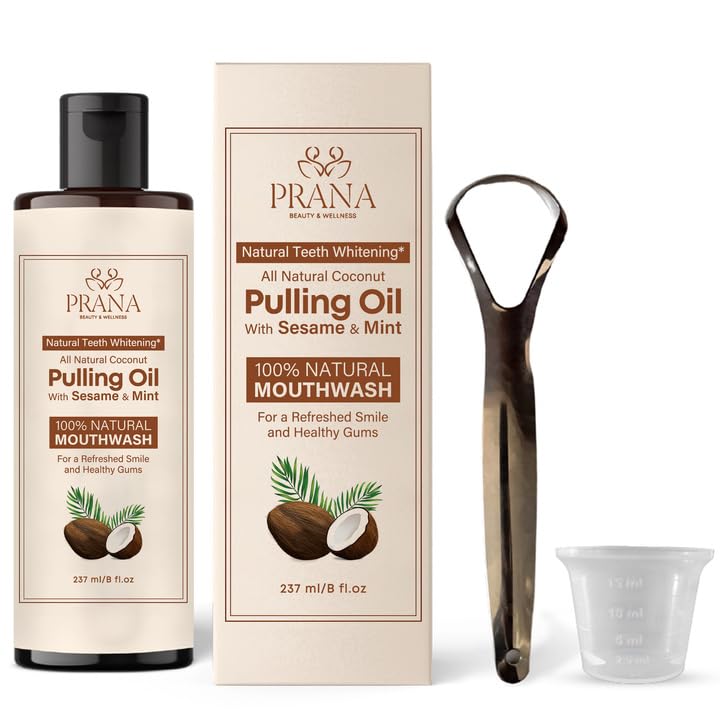 PRANA Coconut Pulling Oil Mouthwash with Tongue Scraper | Ayurvedic Oils for Clean Rinse and Gum Health | 237ml