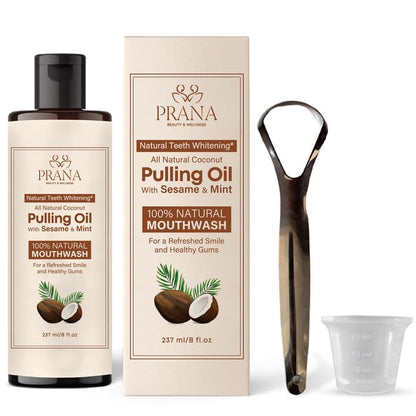 PRANA Coconut Pulling Oil Mouthwash with Tongue Scraper | Ayurvedic Oils for Clean Rinse and Gum Health | 237ml