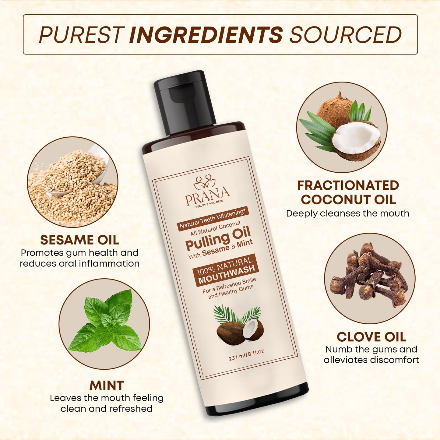 PRANA Coconut Pulling Oil Mouthwash with Tongue Scraper | Ayurvedic Oils for Clean Rinse and Gum Health | 237ml
