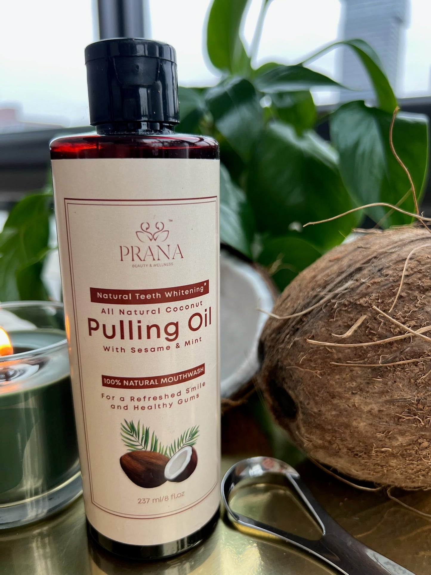 PRANA Coconut Pulling Oil Mouthwash with Tongue Scraper | Ayurvedic Oils for Clean Rinse and Gum Health | 237ml