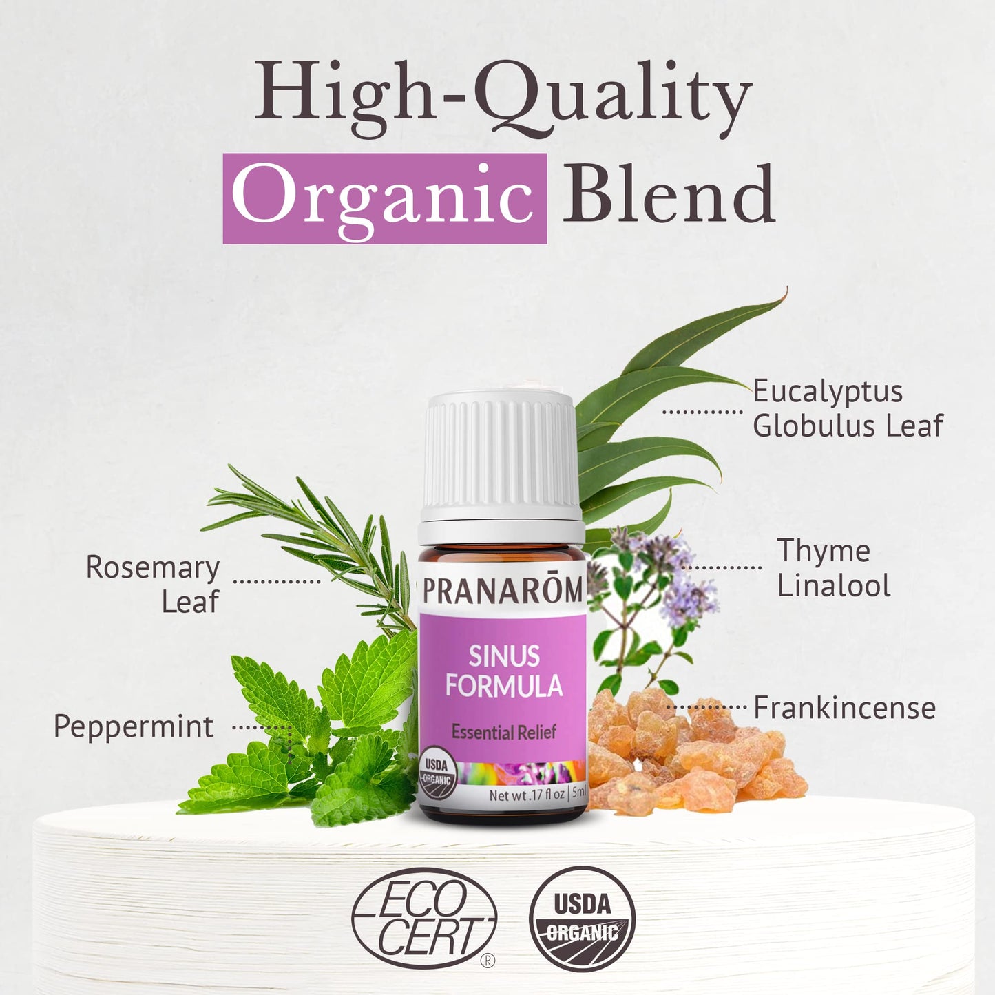 Pranarom - Sinus Formula Essential Oil Blend (5ml) - Olive Oil, Eucalypts, Peppermint, Rosemary, Frankincense, & Thyme - 100% Pure Essential Oil for Topical Use | USDA and ECOCERT Certified Organic