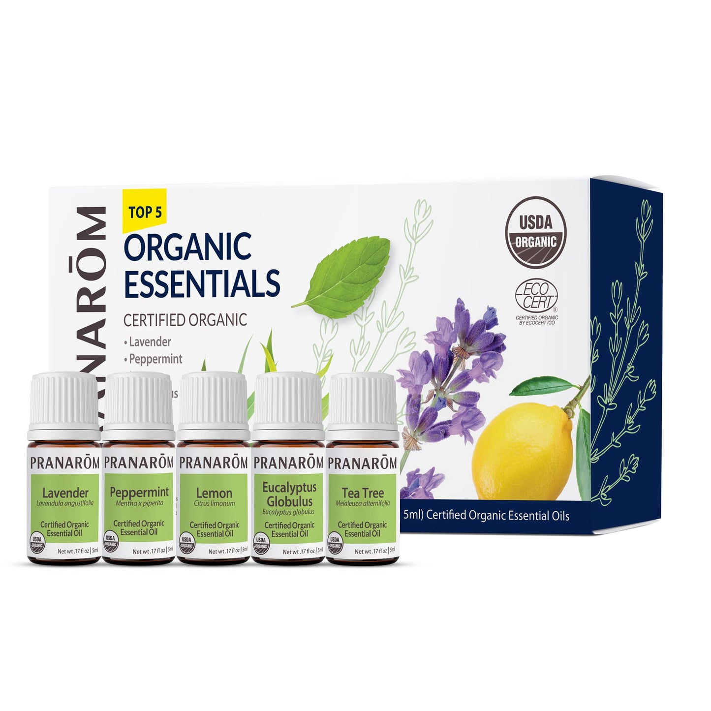 Pranarom Top 5 Essential Oil Kit (5-Pack) - Lavender, Peppermint, Tea Tree, Eucalyptus, Lemongrass - 100% Pure Organic Oil (USDA & ECOCERT)