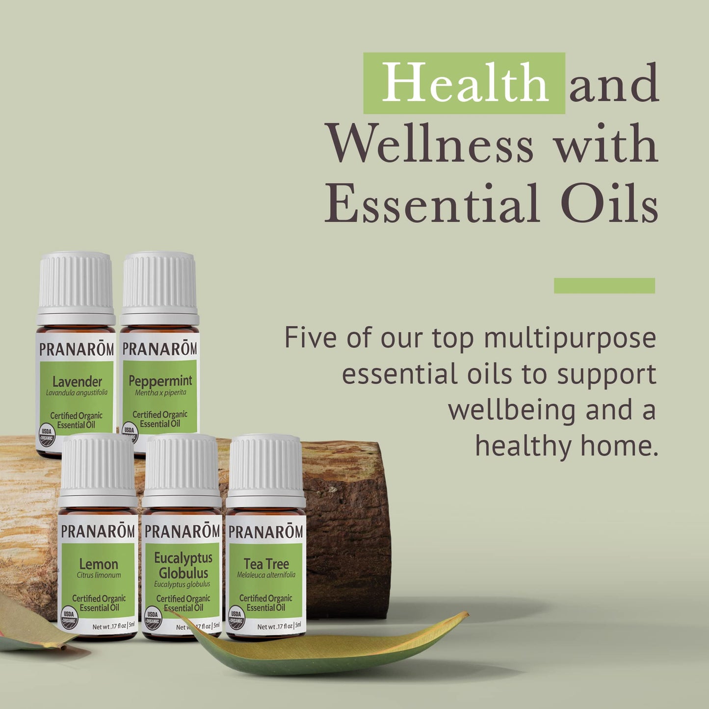Pranarom Top 5 Essential Oil Kit (5-Pack) - Lavender, Peppermint, Tea Tree, Eucalyptus, Lemongrass - 100% Pure Organic Oil (USDA & ECOCERT)