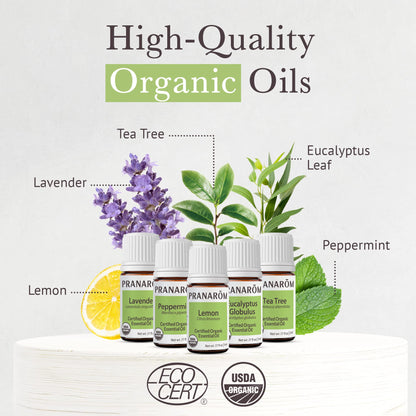 Pranarom Top 5 Essential Oil Kit (5-Pack) - Lavender, Peppermint, Tea Tree, Eucalyptus, Lemongrass - 100% Pure Organic Oil (USDA & ECOCERT)