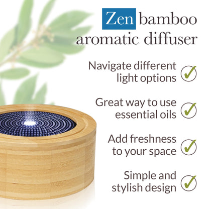 Pranarom Zen Diffuser – Minimalist Bamboo Essential Oil Diffuser with Light Options and Auto Shut-Off