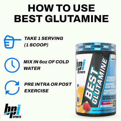BPI Sports Best Glutamine Supplement - L-Glutamine Powder for Gut Health, Muscle Recovery & Immune Support | 50 Servings Berry Citrus