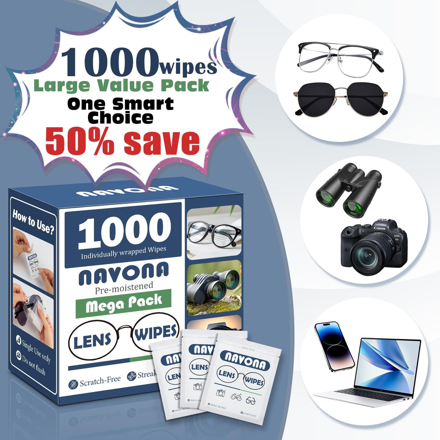 1000 Count Lens Wipes for Eyeglasses – Pre-Moistened, Individually Wrapped (Bulk Pack)
