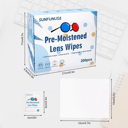 200 Count Lens Cleaning Wipes - Pre-Moistened, Individually Wrapped, Streak-Free, Fast Drying