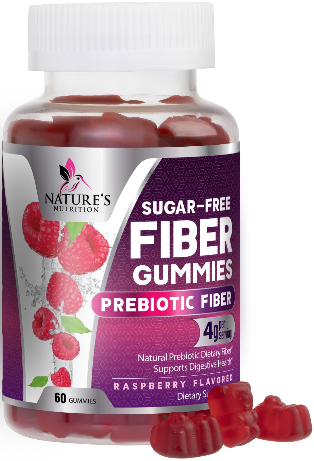 Prebiotic Fiber Gummies 4g - Sugar Free Gummy Fiber Supplement for Digestive Health & Regularity - Raspberry Flavor | Plant-Based, Non-GMO, Gluten Free - 60 Gummies