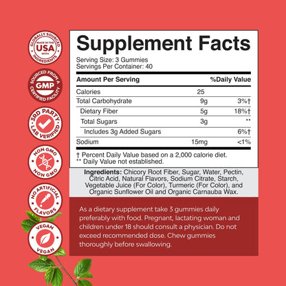 Tasty Prebiotic Fiber Gummies for Adults – High-Fiber, Non-GMO, Vegan, Halal (120 count)