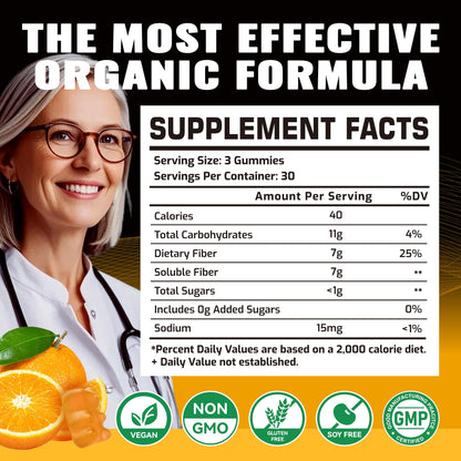 Prebiotic Fiber Gummies for Adults - 7g/Serving - Zero Sugar - 90 Gummies (Orange 2-Pack)