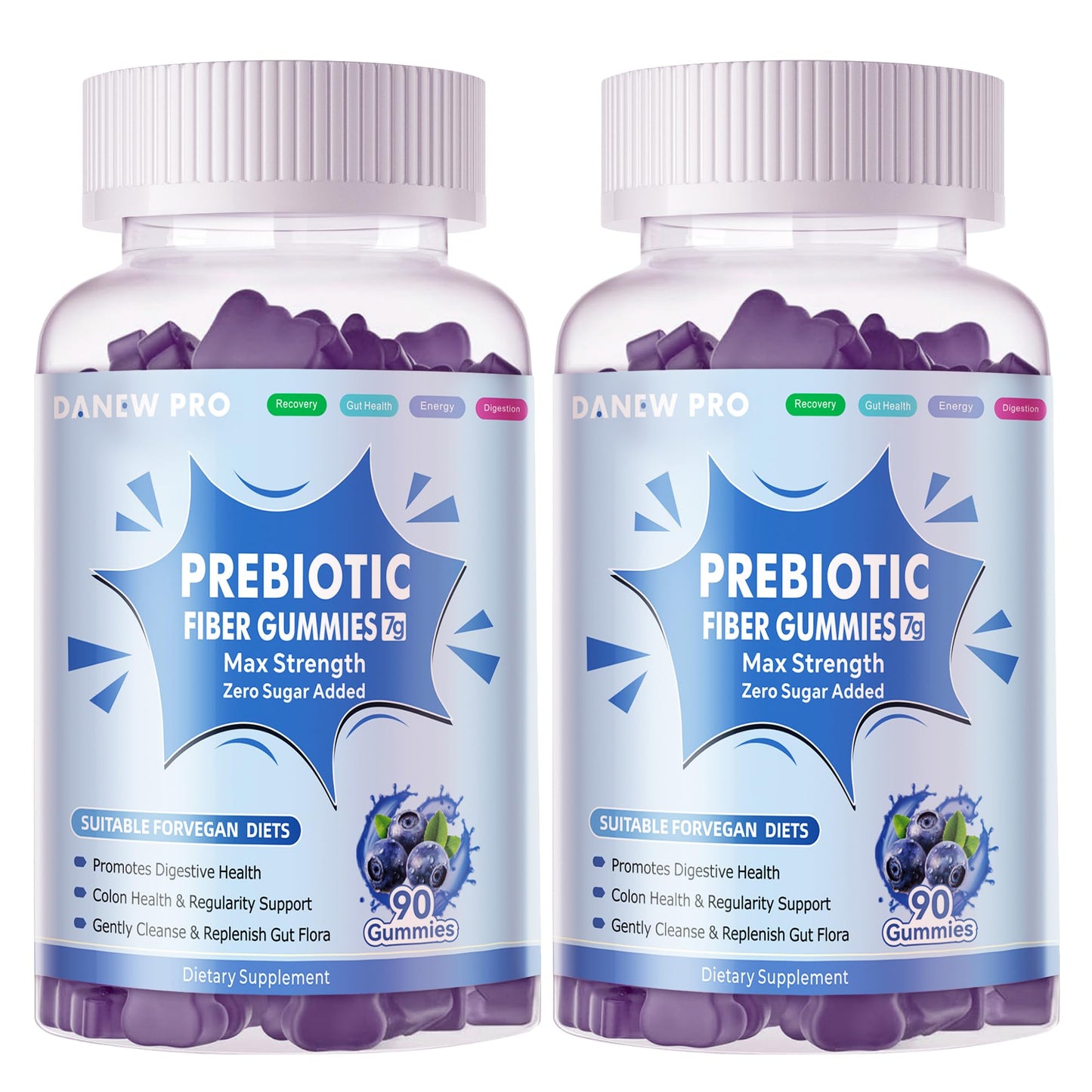Prebiotic Fiber Gummies for Adults – 7g Per Serving, Zero Sugar Added, 90 Gummies per Bottle, Pectin Based, Blueberry Flavor – 2-Pack