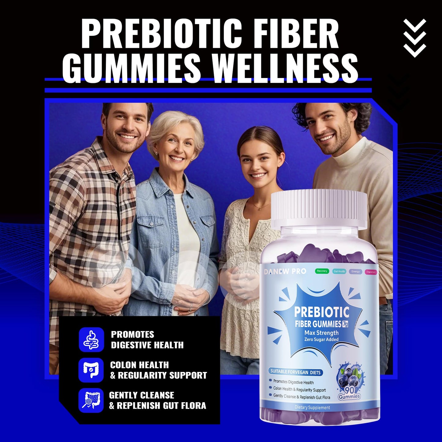 Prebiotic Fiber Gummies for Adults – 7g Per Serving, Zero Sugar Added, 90 Gummies per Bottle, Pectin Based, Blueberry Flavor – 2-Pack