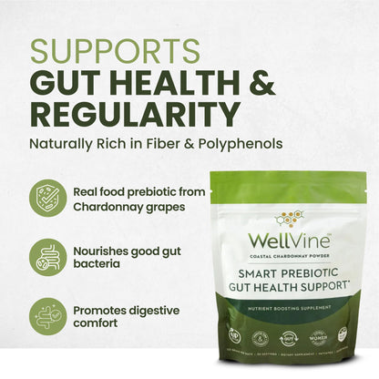 WellVine Premium Smart Prebiotic Gut Health Supplement Powder for Men & Women | Digestive Support & Gut Health With 100% Upcycled Chardonnay Grapes | Plant-Based, Gluten and Allergen-Free | 4.75Oz