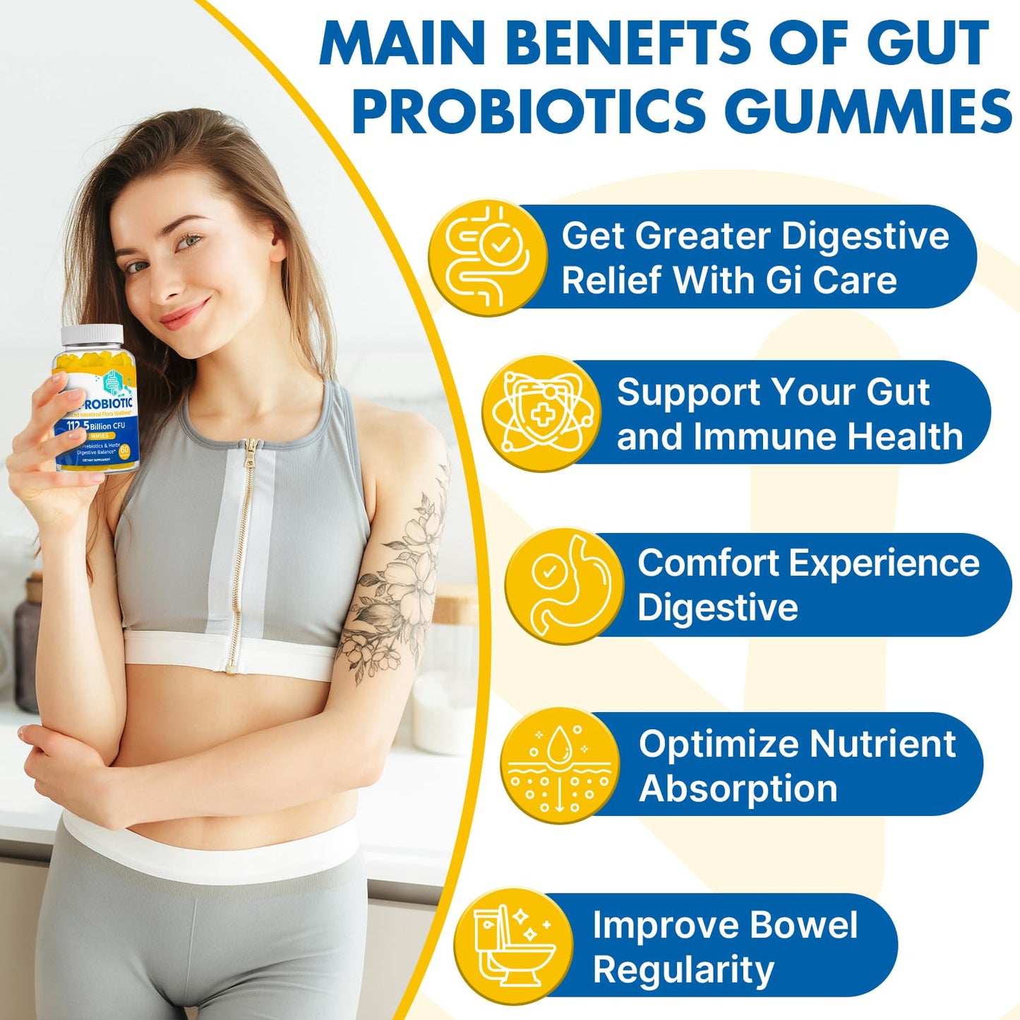 Gut Health Probiotic Gummies – 112.5B CFU, Sugar Free, 8 Strains + Prebiotics & Herbs – 60 Gummies