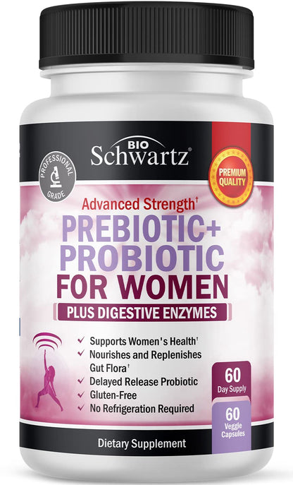 Prebiotics & Probiotics for Women with Black Cohosh & Red Clover – Gut, Vaginal & Immune Support (60 Count)