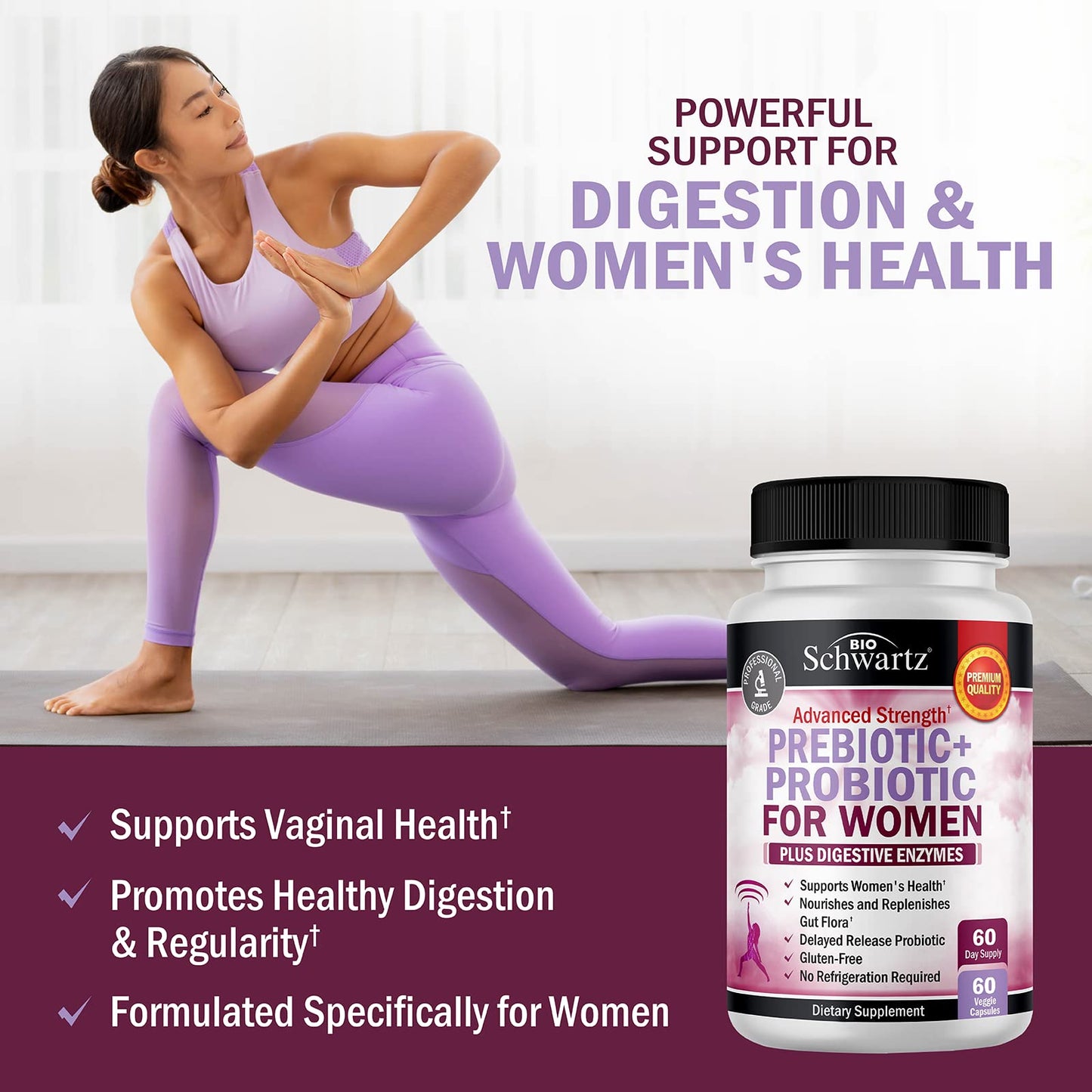 Prebiotics & Probiotics for Women with Black Cohosh & Red Clover – Gut, Vaginal & Immune Support (60 Count)
