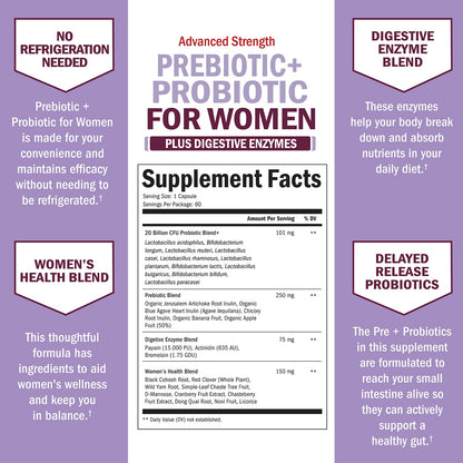 Prebiotics & Probiotics for Women with Black Cohosh & Red Clover – Gut, Vaginal & Immune Support (60 Count)