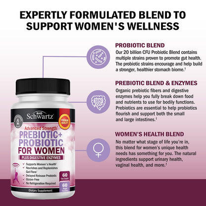 Prebiotics & Probiotics for Women with Black Cohosh & Red Clover – Gut, Vaginal & Immune Support (60 Count)