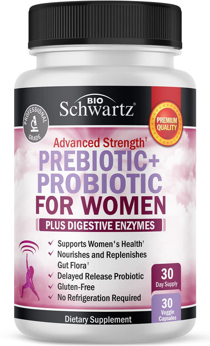 Prebiotics & Probiotics for Women – Gut, Vaginal & Immune Health Support with Black Cohosh & Red Clover (30 Count) | Whole Food Digestive Enzymes
