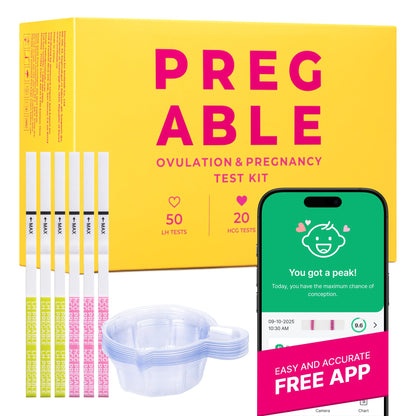 PREGABLE Combo Kit – 50 LH Ovulation Tests, 20 HCG Tests & 70 Cups + Free Smilereader Tracker App