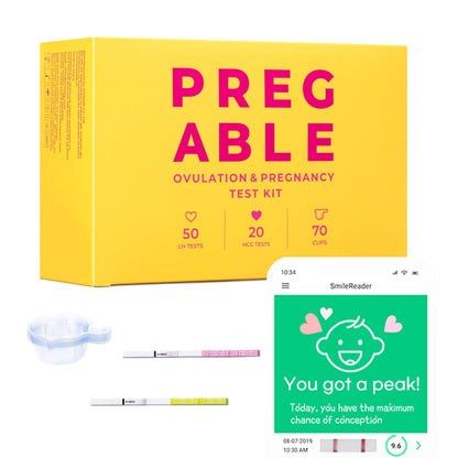 PREGABLE Combo Kit – 50 LH Ovulation Tests, 20 HCG Tests & 70 Cups + Free Smilereader Tracker App
