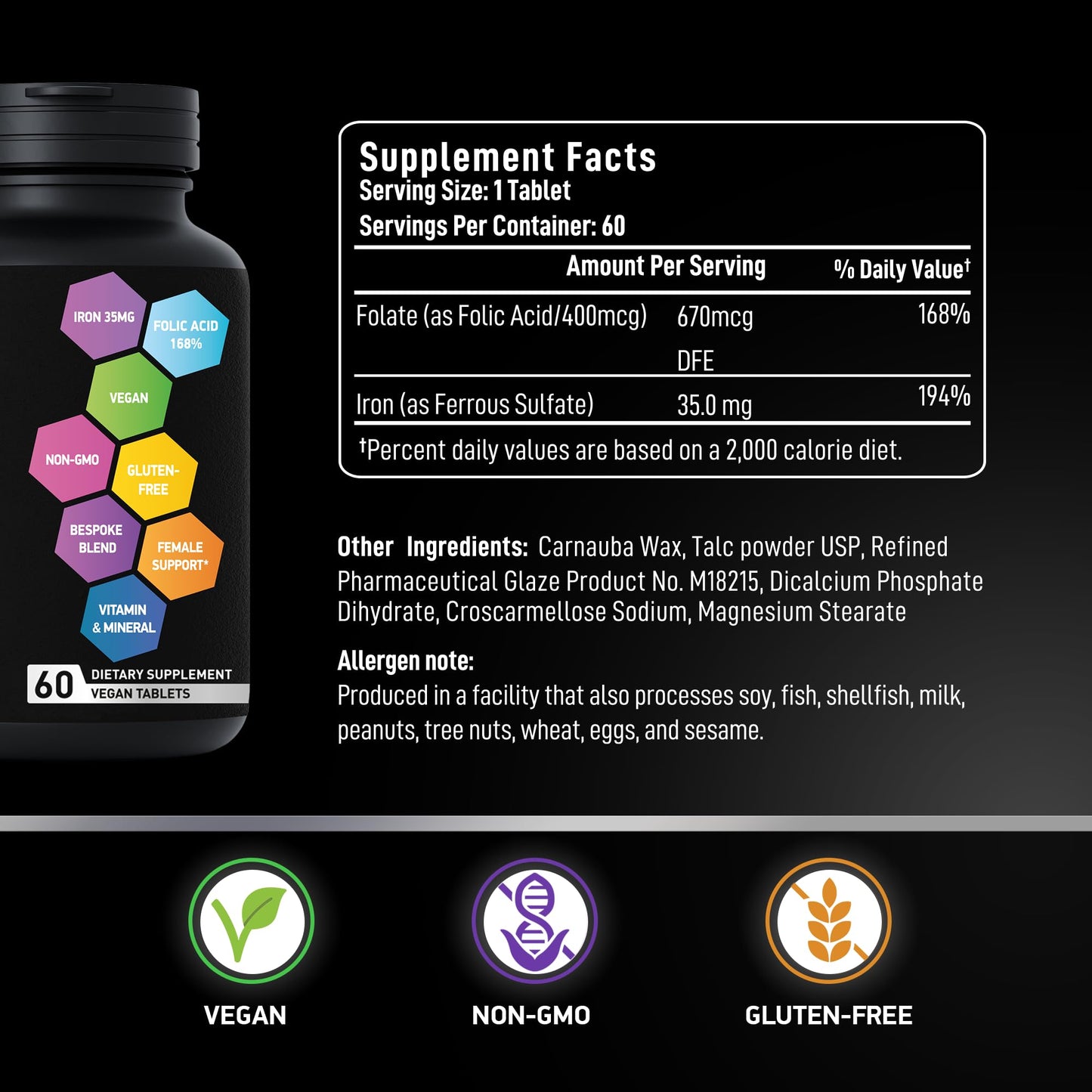 Vegan Iron for Women with Folic Acid | 194% Iron, 168% Folate | Gluten-Free
