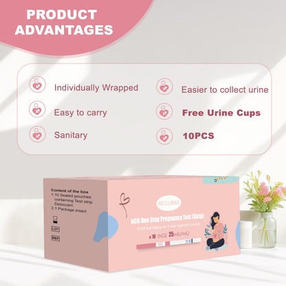 Pregnancy Test Strips with Urine Cups – hCG Home Tests, 25 mIU/mL, 99% Accurate, 10 Count