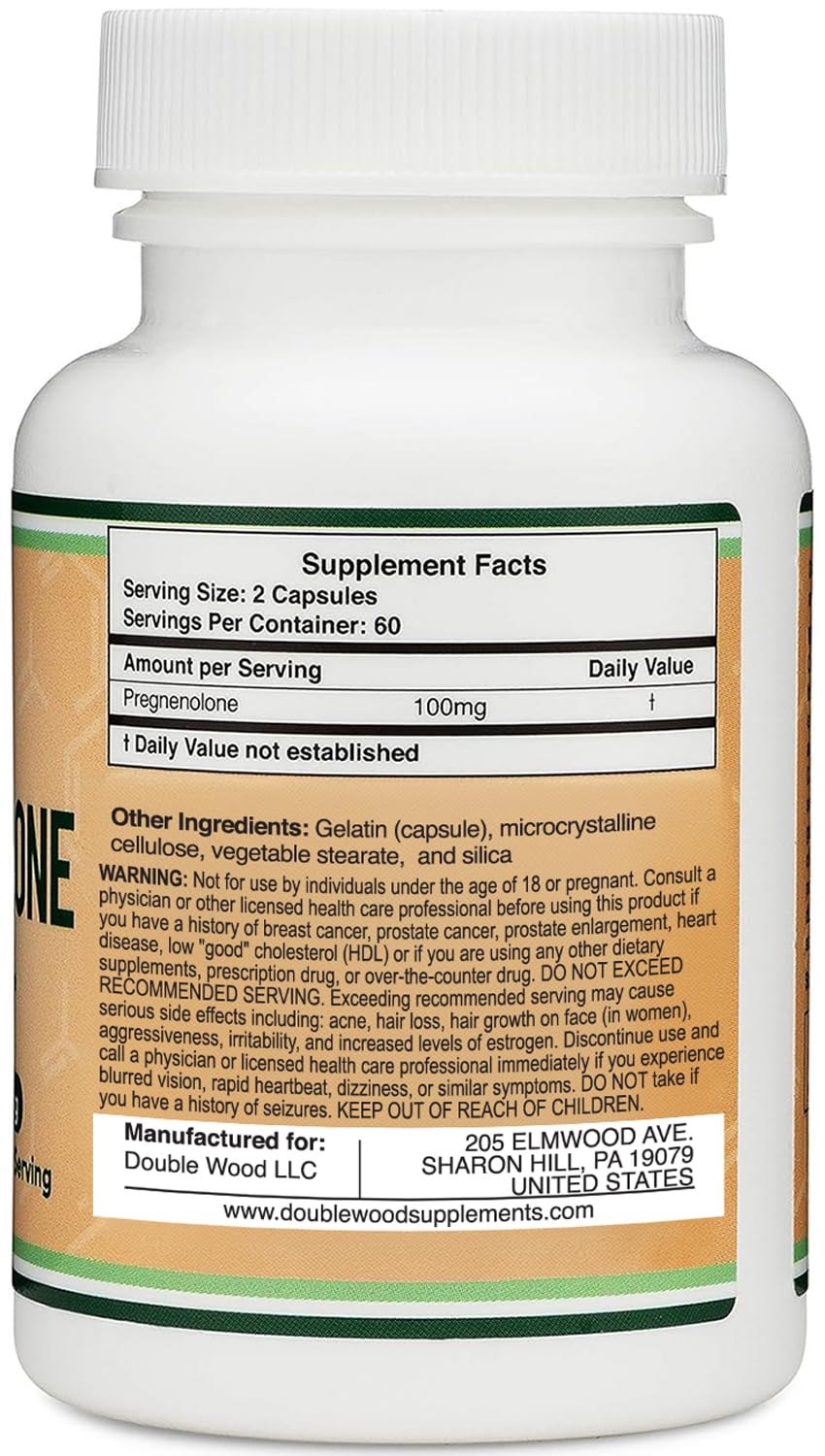Pregnenolone 100mg per Serving — 120 Capsules (50mg per Capsule) Non-GMO, Third-Party Tested | Double Wood