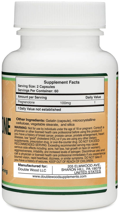 Pregnenolone 100mg per Serving — 120 Capsules (50mg per Capsule) Non-GMO, Third-Party Tested | Double Wood