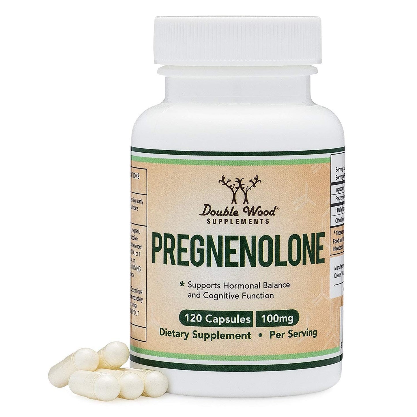 Pregnenolone 100mg per Serving — 120 Capsules (50mg per Capsule) Non-GMO, Third-Party Tested | Double Wood